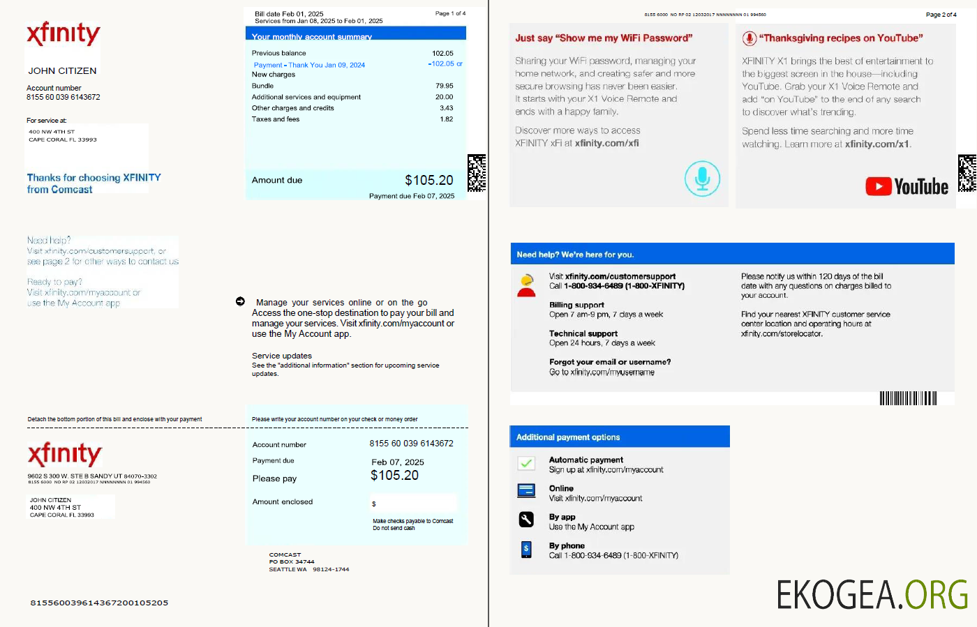Usa Xfinity utility bill template in word and pdf formats, 4 pages, version 3, 1 2 pages template
